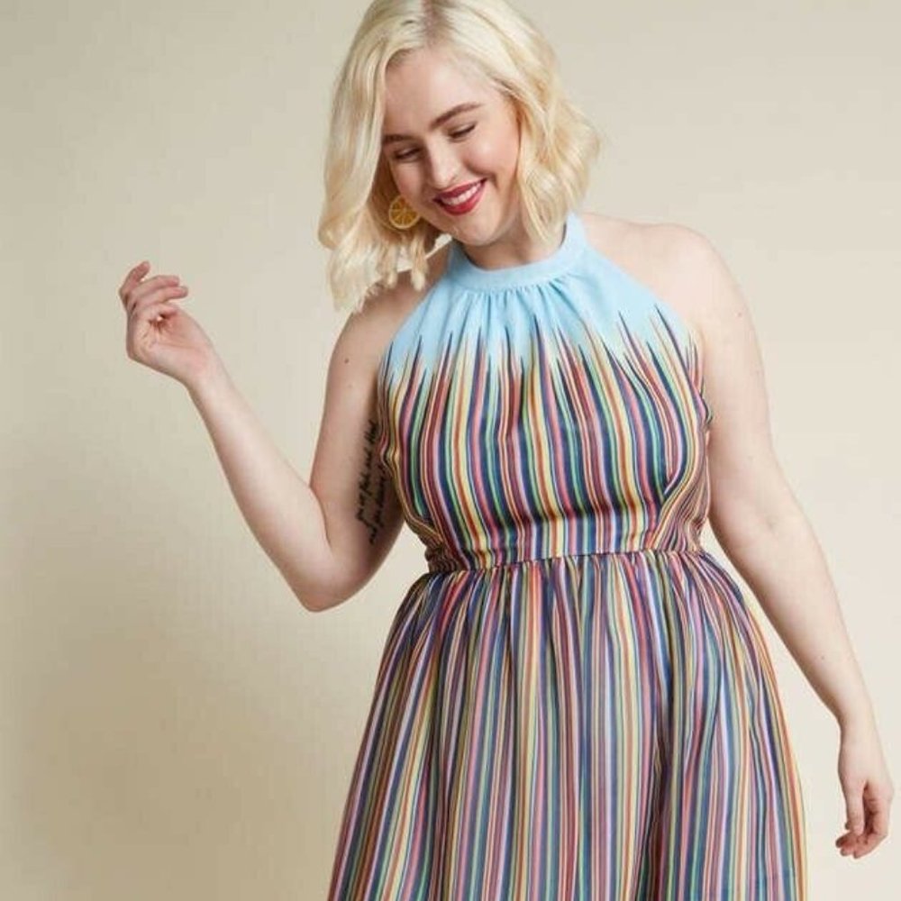 *SOLD*Modcloth open back blue with rainbow dress